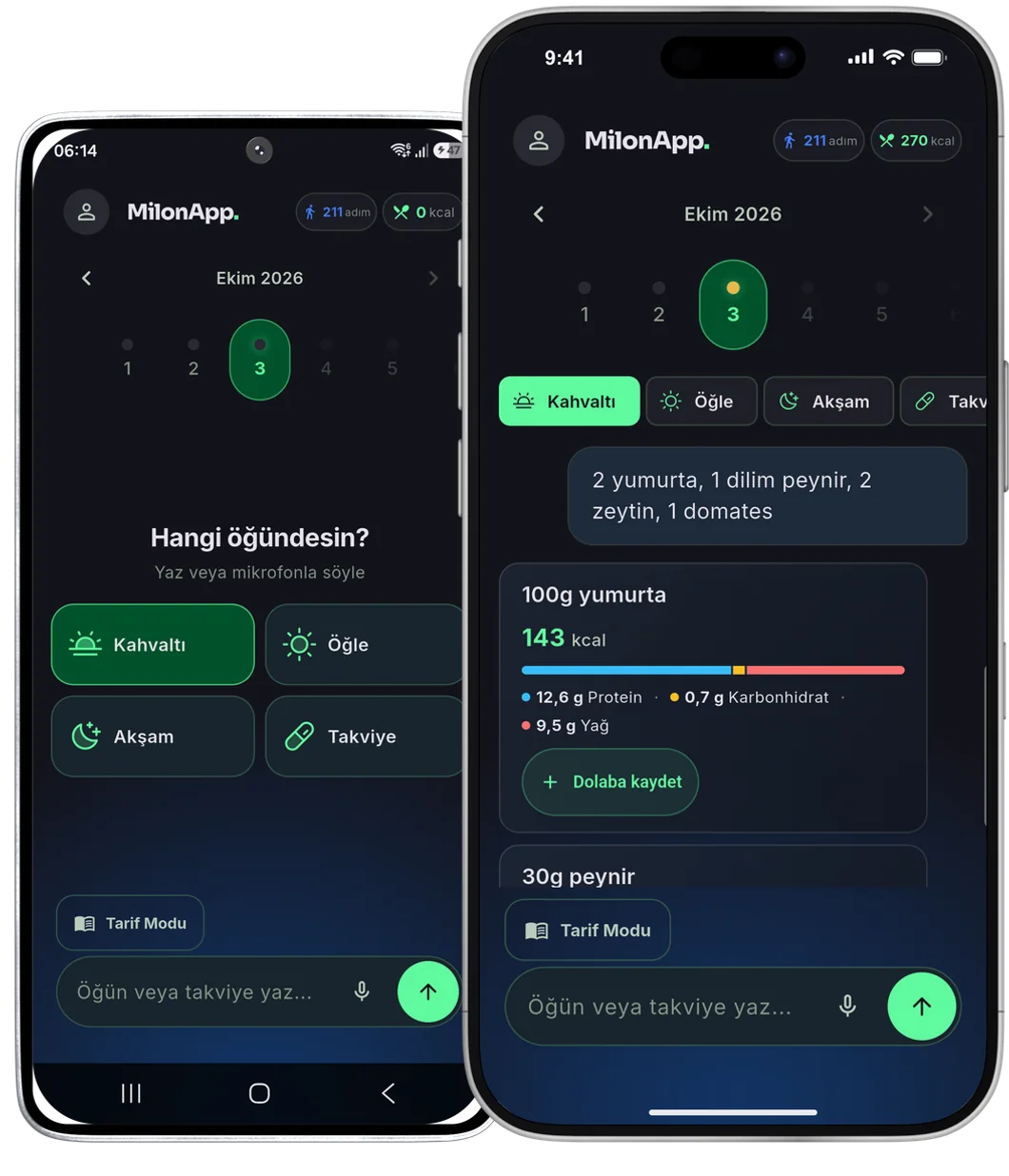 MilonApp Android ve iPhone ekranları: öğün girişi ve yapay zeka analizi