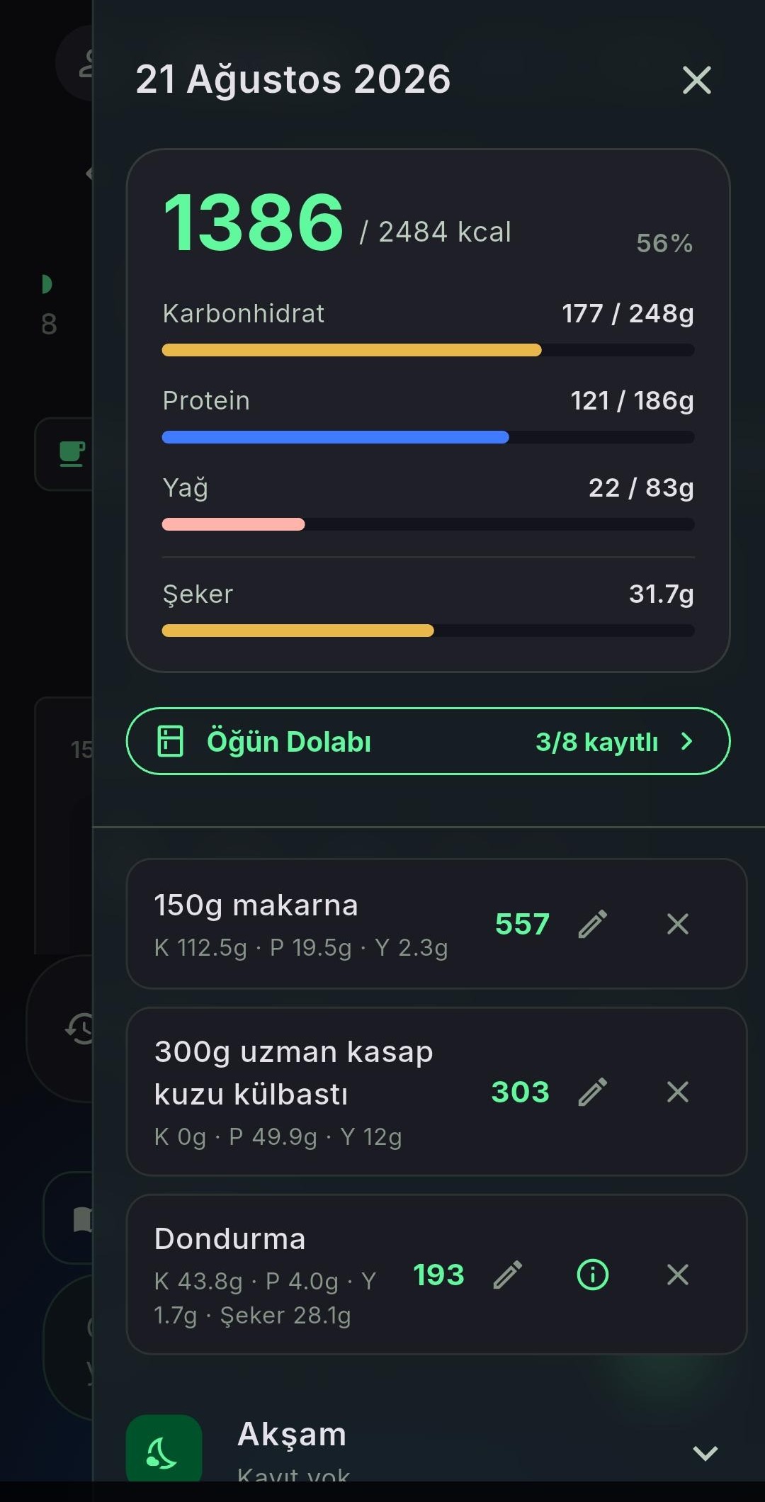 MilonApp günlük kalori özeti ekranı