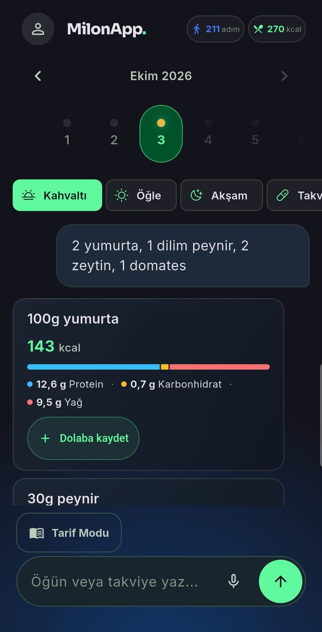 MilonApp öğün detaylarında ürün ve yaklaşık kalori değerleri