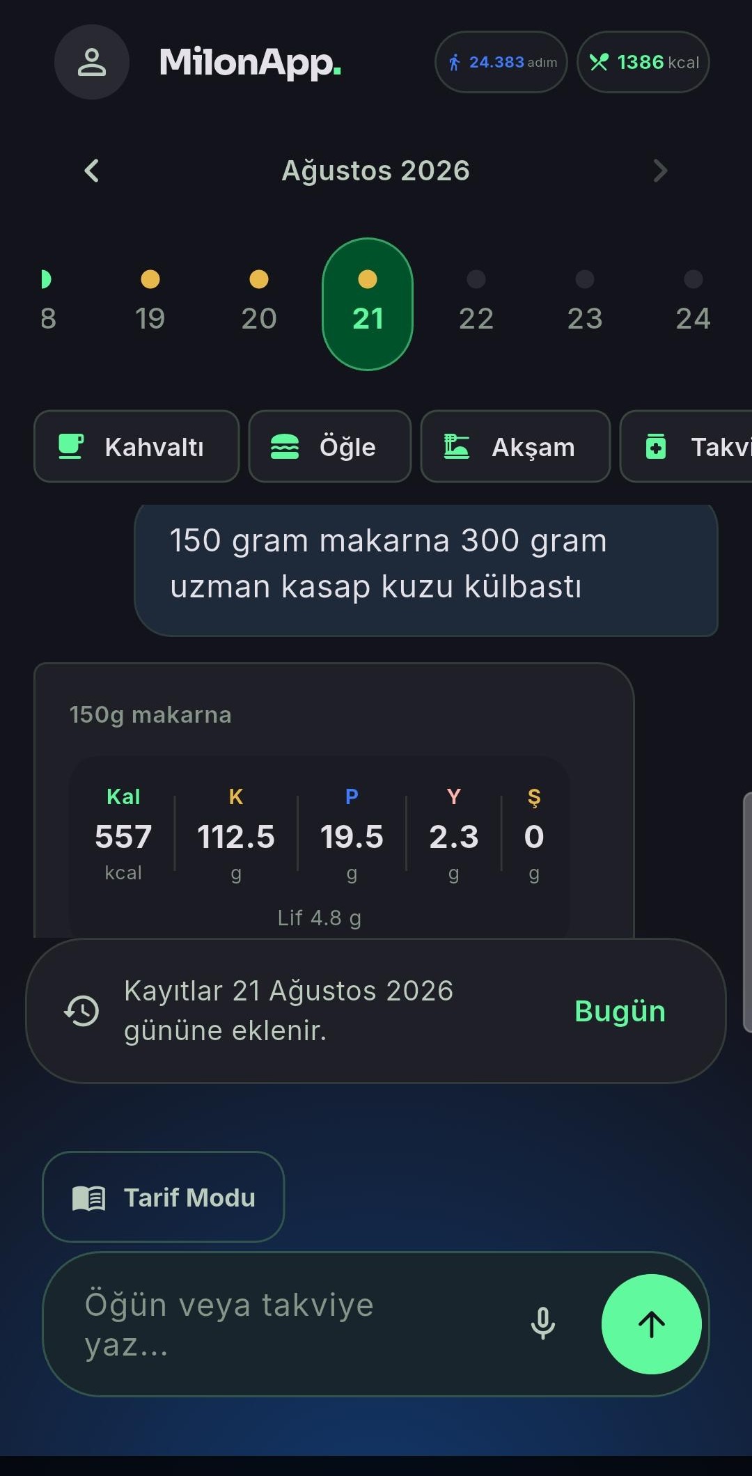 MilonApp öğün detay ekranı